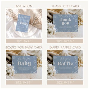 May include: A collection of baby shower stationery cards in a soft blue hue. The set includes an invitation, thank you card, books for baby card, and diaper raffle card. Each card features seashell illustrations and the text "Sea You Soon Baby".