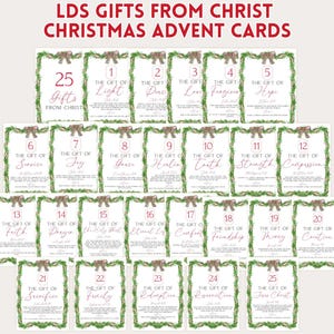 Puede incluir: Tarjetas de Adviento con temática navideña. Cada tarjeta presenta un regalo diferente de Cristo, con un borde verde decorativo y un lazo en la parte superior. El texto "LDS Gifts From Christ Christmas Advent Cards" está en la parte superior.