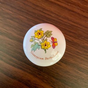 Puede incluir: Un objeto decorativo redondo y blanco con un diseño floral que presenta flores amarillas y una mariposa. El texto "Gossypinm Barbadense" está impreso debajo de las flores. Probablemente sea un pomo o una tapa decorativa.