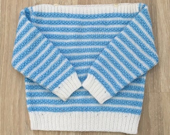 Handknitted kids jumper blue/white striped age 3/4 approx. unique vintage granny knit