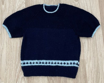 Handknitted jumper for 3/4yr navy blue with baby blue trim short sleeve vintage 1980's