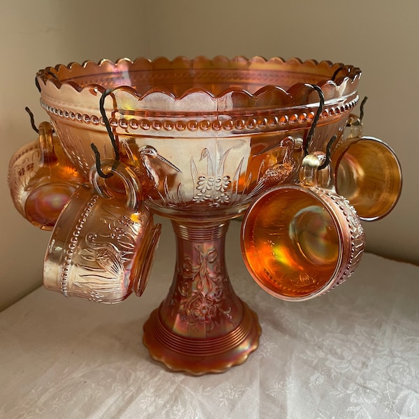 Punch Bowl set Carnival Glass peach/marigold Dugan 1930s Stork & Rushes Summer Days vase stand rare. Gift for carnival glass lover collector