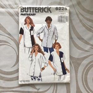 May include: A Butterick 6225 sewing pattern envelope featuring illustrations of four variations of a button-down shirt. The designs include color-blocked and striped options with collars, long or short sleeves, and chest pockets. The text reads Butterick 6225.