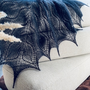 Black mohair and silk lace handknit shawl, warm and soft, gothic shawl, mohair silk lace wrap, black yarn hand knit shawl