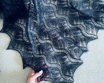 Beautiful black hand knit lace shawl, wedding luxury kidsilk lace bridal shawl, Victorian lace shawl women's scarf shawl for mom