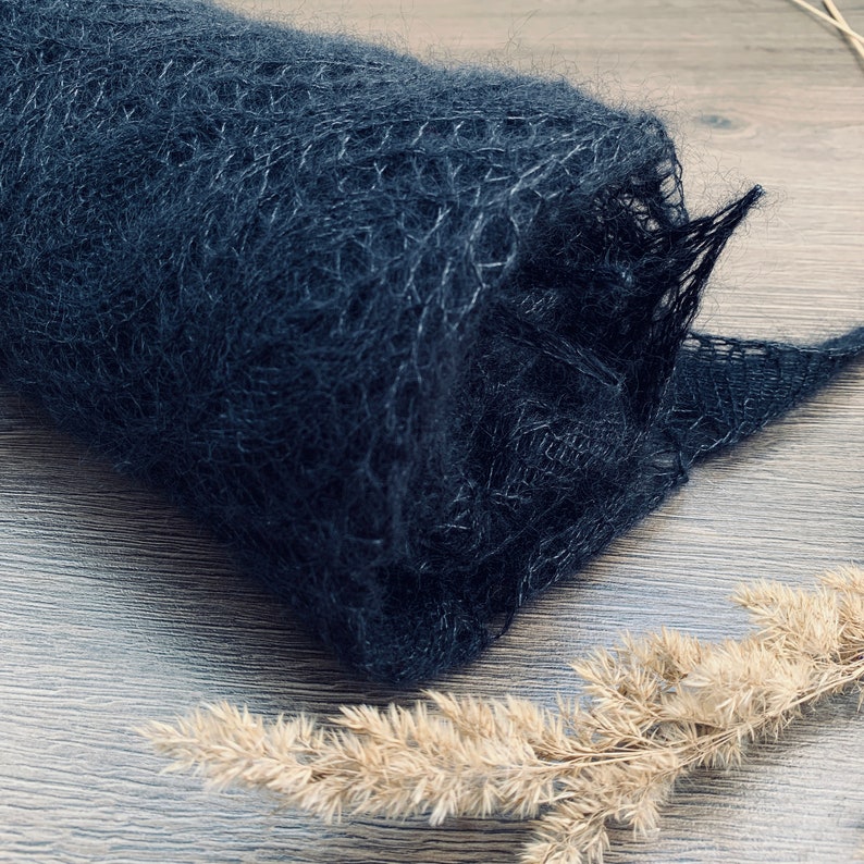 Black mohair and silk lace handknit shawl, warm and soft, gothic shawl, mohair silk lace wrap, black yarn hand knit shawl image 8