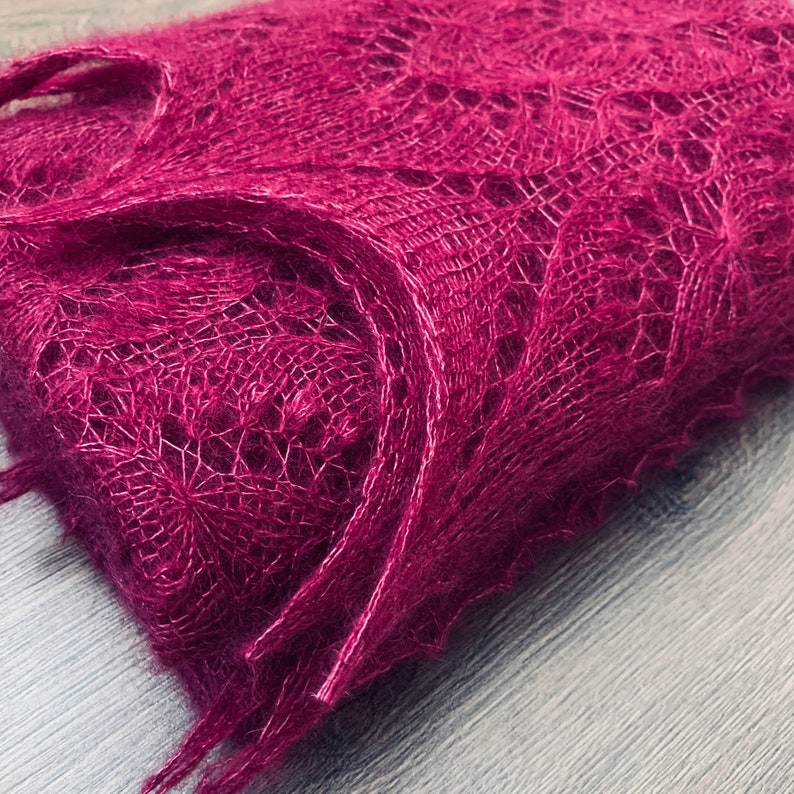 Hand knitted cherry shawl made with Queen Silvia pattern, traditional Estonian lace, soft wool, Estonian nupps image 6