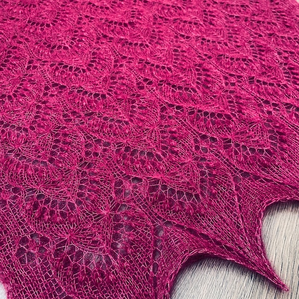 Hand knitted cherry shawl made with Queen Silvia pattern, traditional Estonian lace, soft wool, Estonian nupps