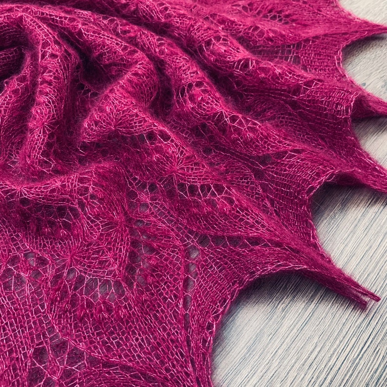 Hand knitted cherry shawl made with Queen Silvia pattern, traditional Estonian lace, soft wool, Estonian nupps image 2