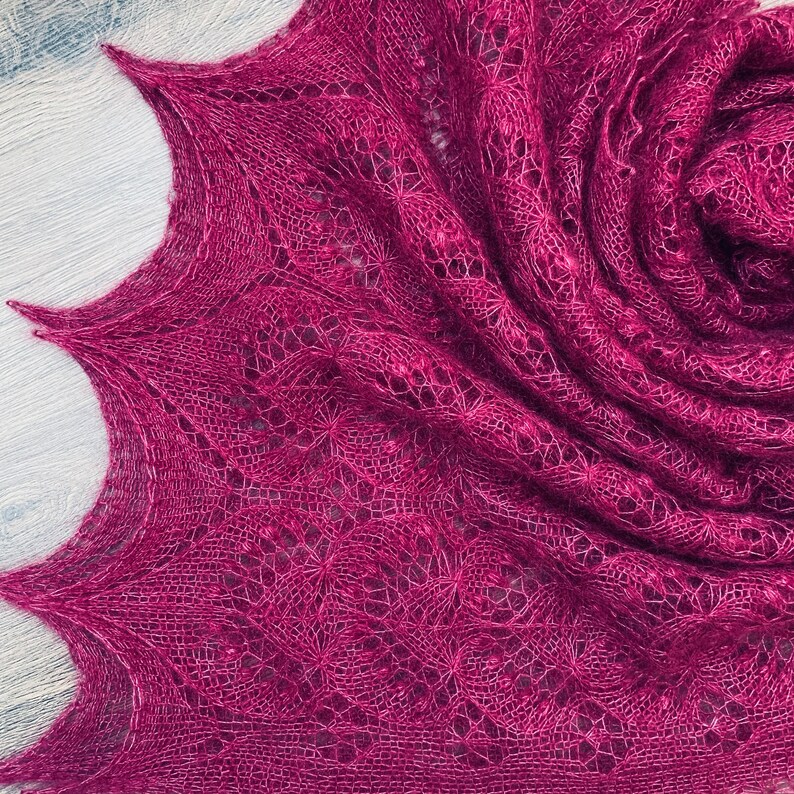 Hand knitted cherry shawl made with Queen Silvia pattern, traditional Estonian lace, soft wool, Estonian nupps image 8