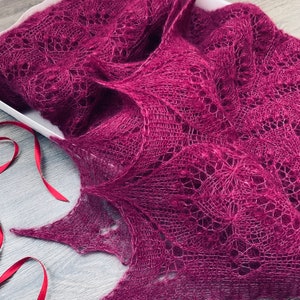 Hand knitted cherry shawl made with Queen Silvia pattern, traditional Estonian lace, soft wool, Estonian nupps image 5