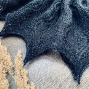 Black mohair and silk lace handknit shawl, warm and soft, gothic shawl, mohair silk lace wrap, black yarn hand knit shawl image 7