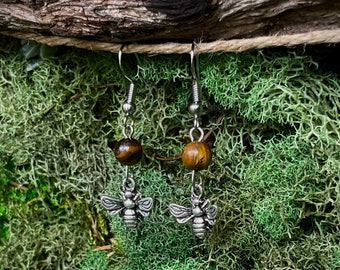 Tiger's Eye Bee Earrings: Jewelry for Nature Lovers | Boho Jewelry | Hippie Jewelry | Honey Bee Earrings | Handcrafted Design
