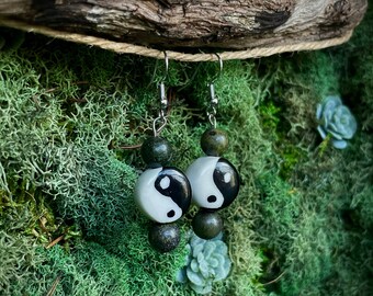 Taijitu Agate Earrings: Yin and Yang Earrings | Moss Agate Earrings | Boho Jewelry | Hippie Jewelry | Handcrafted Design