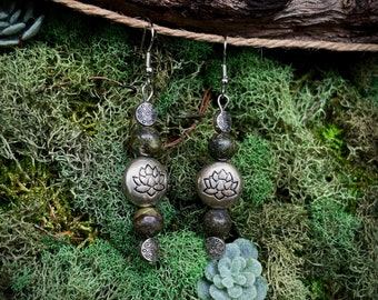 Moss Agate Lotus Earrings Set: Cottagecore Jewelry for Nature Lovers | Boho Jewelry | Hippie Jewelry | Handcrafted Lotus Earring Design