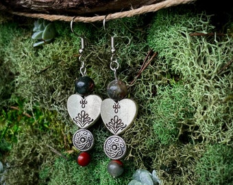 Bloodstone Heart Earrings: Crystal Earrings | Jewelry for Nature Lovers | Boho Jewelry | Hippie Jewelry | Handcrafted Design