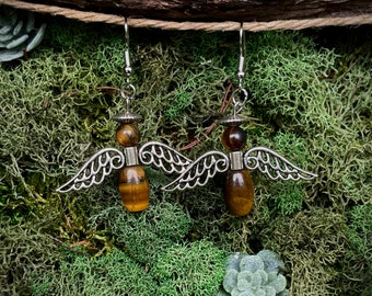 Tiger's Eye Angel Earrings: Hippie-Chic Crystal Dangles | Crystal Earrings | Tiger's Eye Earrings | Angel Earrings | Boho Earrings