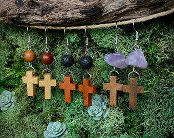 Boho Wooden Cross Earrings Collection: Boho Jewelry | Hippie Jewelry | Spiritual Jewelry | Wooden Jewelry | Handcrafted Design