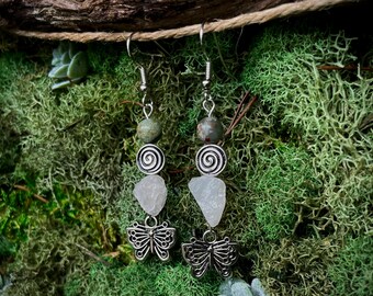 Butterfly Spiral Earrings: Moss Agate Rose Quartz Earrings | Jewelry for Nature Lovers | Boho Jewelry | Hippie Jewelry | Handcrafted Design