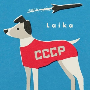 First Dog in Space. Laika Matchbox Label style Illustration. Colourful Art Print.
