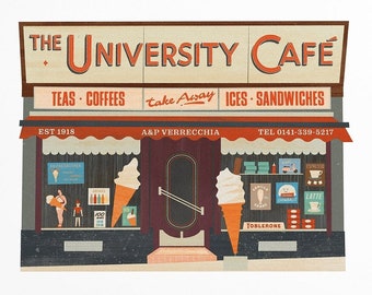 The University Café, Glasgow. Illustration of the much loved cafe and ice cream parlour on Byres Road in the West End.