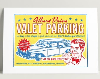 Pollokshields Albert Drive Valet Parking Advertisement. Colourful retro illustration of the solution to all that double parking.