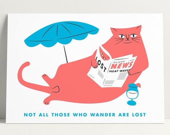 Cat Art Print, Beach Illustration, Funny Cat Lover Gift