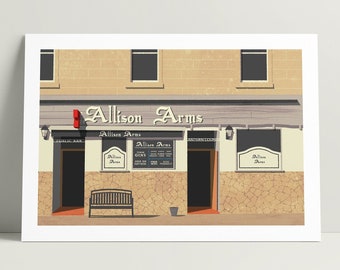 Allison Arms. Giclee art print illustration of the much loved pub in Strathbungo, Glasgow, Scotland.