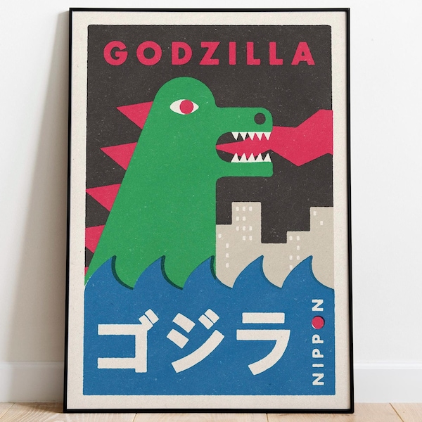 Godzilla Print. Colourful Japanese matchbox label style illustration. Japan art print.
