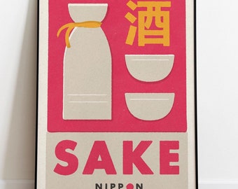 May include: A vintage-style poster with a red background featuring a white sake bottle with a yellow ribbon, two white sake cups, and the text "SAKE" in large red letters. The text "NIPPON" is printed in black below the word "SAKE". The Japanese character for "sake" is printed in yellow above the sake cups.
