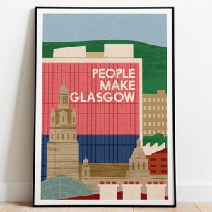 People Make Glasgow art print. Mid century style illustration of Glasgow&#39;s rooftops and city centre.