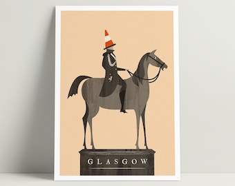 Glasgow Duke of Wellington statue art print. Mid century style illustration of statue with a cone on his head.