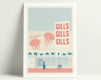 Aquarium Giclée print. GILLS GILLS GILLS. Jellyfish, Dolphins and Eels You Can Feel.