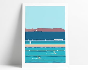 Gourock Lido. Illustration of Outdoor Swimming Pool on the River Clyde outside Glasgow. Mid Century Swimming art.