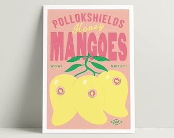 Pollokshields Mangoes Print. Colourful illustration for fans of Glasgow's finest honey mango fruit.