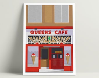 Queens Cafe, Glasgow, Scotland. Illustration art print of the much loved Glasgow Southside cafe.