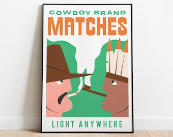 Cowboy Brand Matches Art Print. Retro advert illustration print for cafe and kitchen.