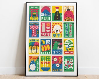 Japanese Matchbox Label Illustration Print. Poster of famous things from Japan. Sumo, Sushi, Bonsai, Godzilla, Fuji, Ramen, Anime and more