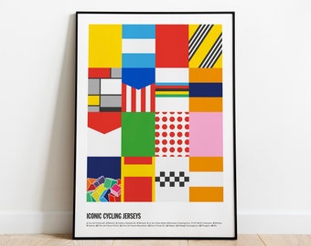 Cycling Print of Iconic Jerseys. Modern geometric art poster of Tour de France, Giro, Vuelta, Molteni, KOM and other classics.