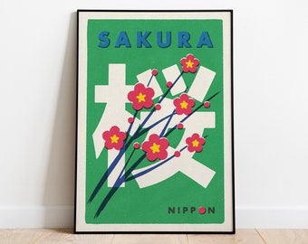 Japanese Sakura Matchbox Label Style Art Print. Japan cherry blossom flower poster.