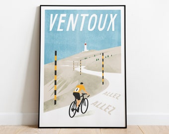 Mont Ventoux cycling print. Giclee bike art illustration of one of cycling's most famous Tour de France mountain climbs.