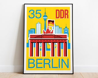 Berlin Print, Cold War Art. GDR DDR stamp design, featuring Brandenburg Gate before the fall of the Berlin Wall, Germany