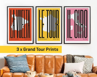 Cycling Prints of the Tour de France, Vuelta a España, and Giro. Posters in Mid-century style. Set of three.