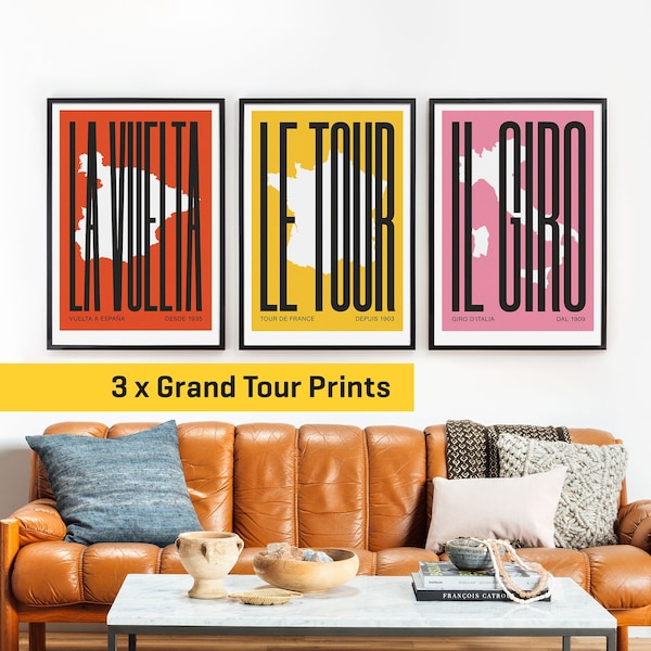 Impressions cyclistes du Tour de France, de la Vuelta a España et du Giro. Affiches dans le style du milieu du siècle. Ensemble de trois.