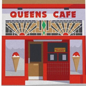 Queens Cafe, Glasgow, Scotland. Illustration art print of the much loved Glasgow Southside cafe.