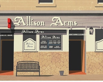 Allison Arms. Giclee art print illustration of the much loved pub in Strathbungo, Glasgow, Scotland.