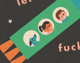 Let's F*ck Off. Couple with cute cat or dog decide to leave on a space rocket. Matchbox label style Illustration.