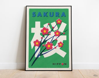 Japanese Sakura Matchbox Label Style Art Print. Japan cherry blossom flower poster.