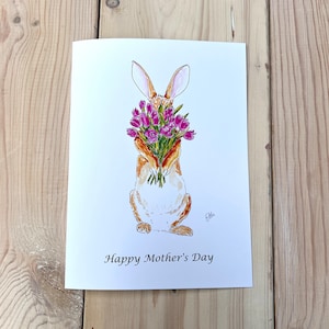 Carte mères heureuses, carte lapin fleur, carte pour la fête des mères, carte lapin, lapin avec tulipes