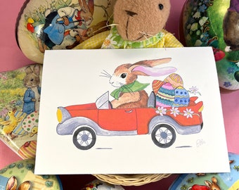 Carte de lapin de Pâques, téléchargement numérique uniquement, carte Jpeg, carte de lapin conduisant en voiture, carte de Pâques de lapin imprimable, lapin avec une charge d'oeufs